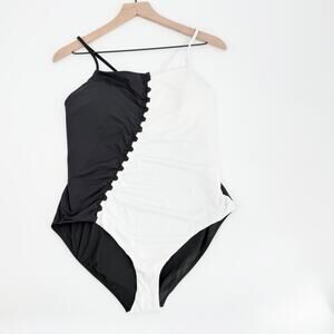 NWT CALIA Looped Apron Neck One Piece Swimsuit 16 Black White Colorblock Minimal